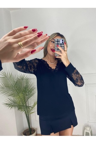 Modasize Kadın Uzun Kollu V Yakalı Dantel Detaylı Viskon Bluz Siyah