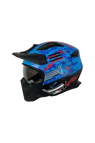Sway X2 Tokyo Trooper Modüler Full Face Çene Sökülebilen Motosiklet Kaskı 2xl Beden Mavi Kırmızı Kırmızı - Mavi