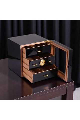 Cigarloong Camlı 3 Çekmeceli Puro Kutusu Humidor Siyah 60's