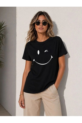 Primemagazam Kadın Minimal Gülümseyen Yüz Baskılı Tişört Kısa Kol Yazlık T-shirt - Siyah Çeşitli