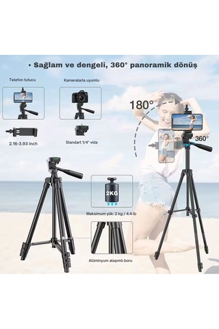 Shopytech 102 Cm Hafif Tripod Telefon/kamera Uyumlu Bluetooth Uzaktan Deklanşörlü 360 3-yönlü Ka 1 Adet
