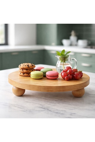 Bambu Top Mantar Ayaklı Yuvarlak Sunumluk 25x25 Cm Şık Pasta & Tatlı Servis Tabağı Kahverengi