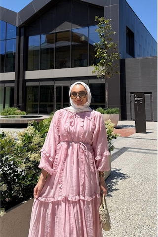 Riella Butik Perilla Fırfır Detaylı Tesettür Elbise Pembe