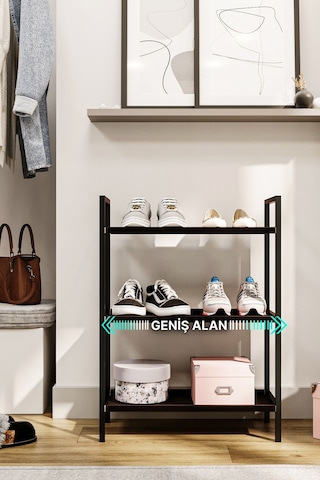 Ayakkabılık Metal Ayakkabılık Ahşap Ayakkabılık Dekoratif 3katlı Kumaşlı Mobilya Çok Amaçlı Raf Siyah