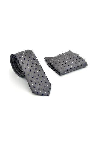 Gaffy Beyaz Lacivert Desenli Gri Dokuma Kumaş Mendilli Slim Fit Kravat // Sdk-2612-3 Gri