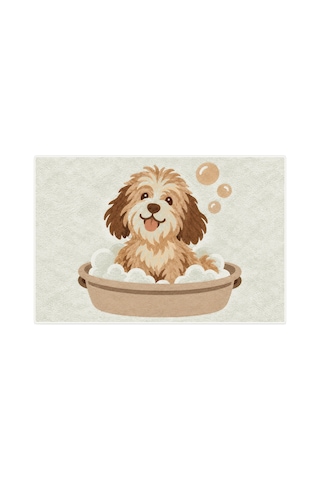 Kartela Halı Köpek Desenli Banyo Paspası Adaçayı Yeşili Kaymaz Taban Makinede Yıkanabilir 50x75 Cm