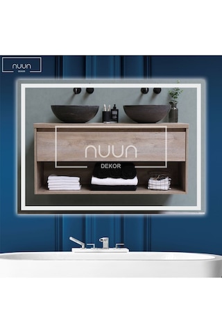 Nuun Dekor 80x60cm Beyaz Ledli Dekoratif Banyo Aynası Kumlamalı Duvar Aynası Trafolu Beyaz
