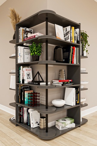 Asra Trend Modern Dönebilen Ayarlanabilir Raflı Ev Ofis Kitaplık %100 Mdf Dekoratif Kütüphane Kitaplık Dk01 Koyu Gri
