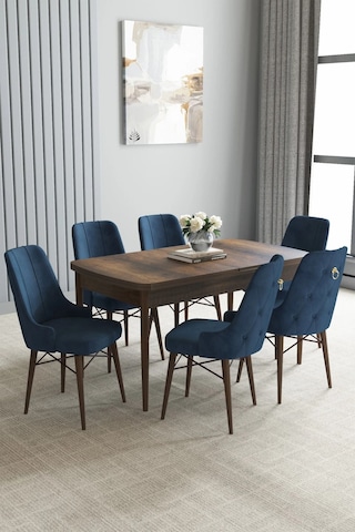 Zümra Serisi, Barok Ahşap Desen 80x132 Açılabilir Mdf Mutfak Masası Takımı 6 Adet Sandalye, Lacivert