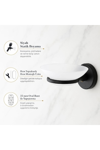 Alper Banyo Sabunluk Siyah, Duvar Tipi, Metal, Yapışkanlı Ve Vidalı Montaj, 35 Mm Oval Bantlı Banyo Aksesuarı Çok Renkli