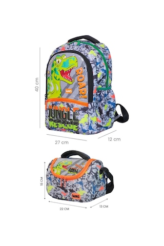 Wia Dinazor Baskılı Erkek Çocuk Okul Sırt Çantası Ve Isı Yalıtımlı Beslenme Çantası Seti - Yeşil Çok Renkli