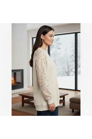 Afri Ekru Dantel Detaylı Sweatshirt Şık Ve Rahat Günlük Kadın Üst Yumuşak Kumaş Ekru