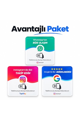 3 Lü Nfc Kart Avantajlı Paket 1 Instagram Takip + 1 Google Değerlendirme Kartı + 1 Wp Kartı 9x9 Cm Şeffaf Pleksi