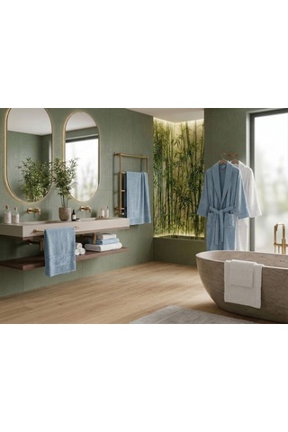 Yünteks Binnur Bamboo 8 Parça Aile Bornoz Takımı / %100 Pamuk / Aile Seti / Çeyizlik / Günlük / Modern / 1.kalite Beyaz - Mavi