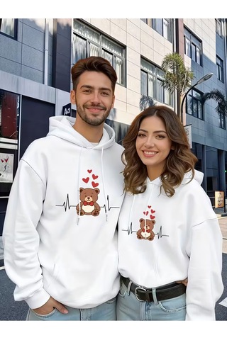 Nevermind Sevgili Çift Kombini Ayıcık Kalpli Hoodie Kapüşonlu Sweatshirt 2l Beyaz