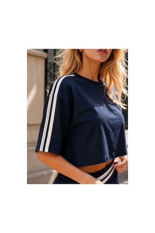 Lacivert Şerit Detaylı Crop Bluz Ve Kalem Midi Etek Takımı - 2384 L