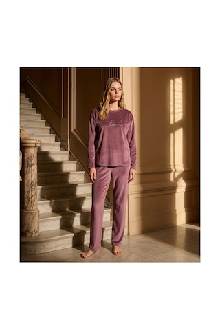 Pijamoni Kadın Yumuşak Kadife Bisiklet Yaka Pudra Pijama Takımı