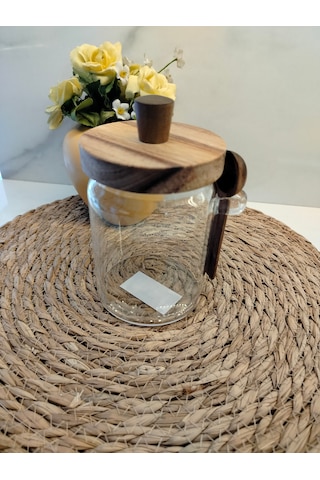 Cam Kavanoz Akasya Kapak &kaşık700ml Ahşap - Şeffaf