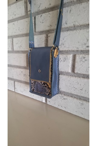 Mavi Metalik Ve Yılan Derisi Mini El Yapımı Çantası Metalik Mavi