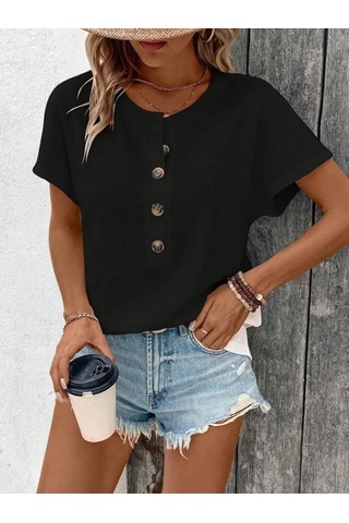 Ge Ticaret Kadın Kısa Kollu Yakası Açık Önden Düğmeli Waffle Bluz Siyah
