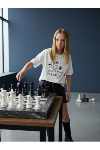 Zekids Kız Çocuk İnci İşlemeli Fiyonklu Tasarım T-shirt-16577 Ekru