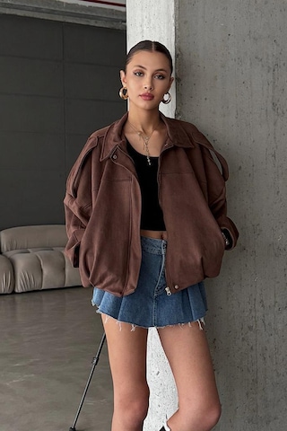Öner Oversize Kadın Bomber Acı Kahve Süet Deri Ceket Kahverengi3565 Kahverengi3565