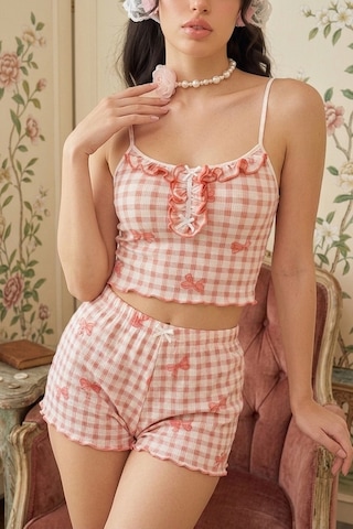 Bella Notte Kadın Pembe Ekose Fiyonk Desenli Askılı Crop Atlet Ve Fırfırlı Şort Pijama Takımı