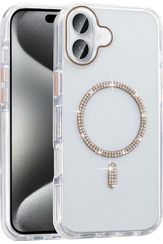 Techaks Apple Uyumlu iPhone 16 Pro Max Kılıf Taşlı Tasarım M-safe Şarj Özellikli Zore Koment Silikon Kapak - Gold Altın
