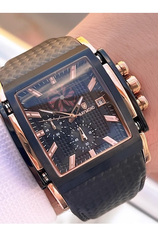 Raymond Nişan Ve Damatlara Özel Deri Kordon 2 Yıl Garantili 5 Atm Erkek Kol Saati+bileklik Rmd.54 Rose Gold - Siyah