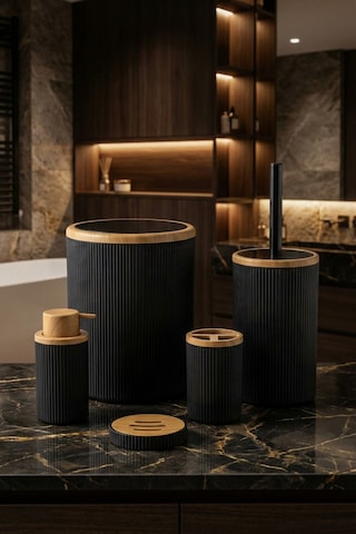 Makri Home 5 Parça Banyo Seti, Siyah Ahşap Desenli, Çöp Kovası, Fırçalık, Sıvı Sabunluk, Diş Fırçalık, Sabunluk