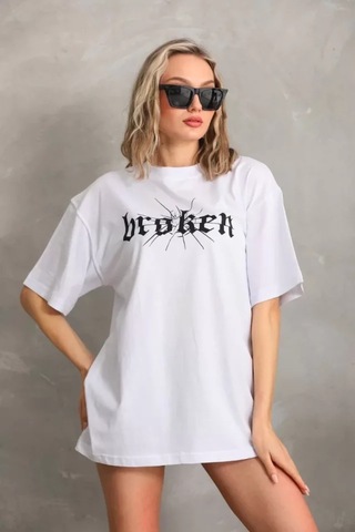 Amorluxe Unisex Baskılı Oversize T-shirt - Beyaz