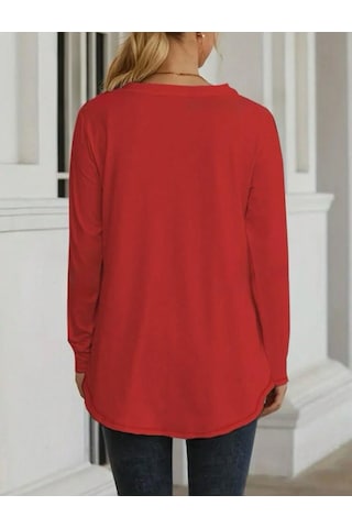 Reka Moda Kadın Uzun Kollu Yuvarlak Yaka Salaş Iki Iplik Bluz Kırmızı