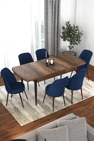 Canisa Concept Kor Serisi 70x114 Açılabilir Mutfak Masası Takımı Barok Desen Masa 6 Lacivert Sandalye Masa Barok Ahşap 6 Lacivert Sandalye