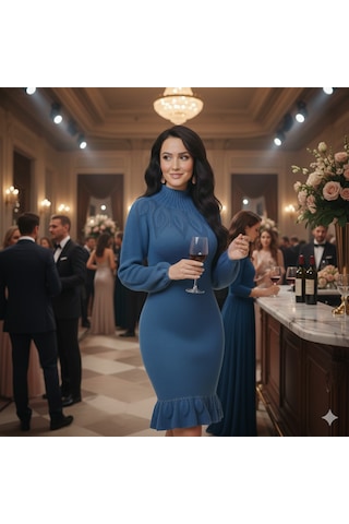 Saks Mavisi Triko Elbise , Örgü Yaprak Desenli Midi Elbise Saks