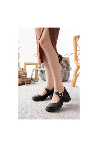 Asmi Shoes Kadın Elisa Siyah Cilt 6 Cm Tek Baletli Topuklu Loafer Ayakkabı Siyah Siyah