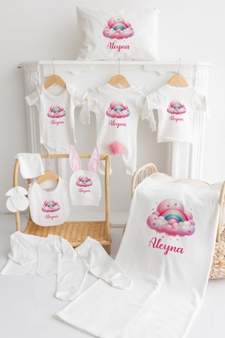 İsme Özel %100 Pamuk Baskılı 11'li Organik Bebek Tavşanlı Set Mn172