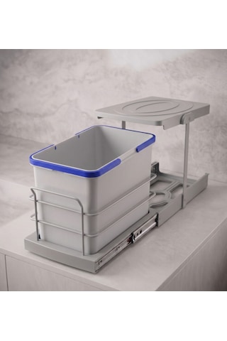 Cassone 16 Litre Kısa Eviye Altı Dolaba Uygun Dolap İçi Raylı Gri Çöp Kovası - Kapak Genişliği 40 Cm Açık Gri
