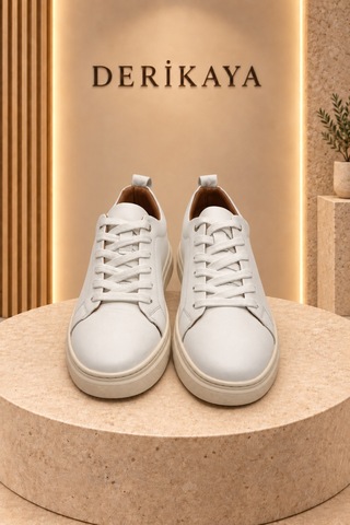 Deri Kaya Erkek Minimal Tasarım Bağcıklı Günlük Sneaker Spor Ayakkabı Beyaz