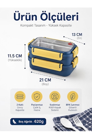 Vagonlife Bl2215 Lacivert 1200 Ml 2 Katlı 3 Bölmeli Paslanmaz Çelik Yemek Kabı Lunch Box Çok Renkli