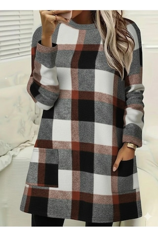 Valensdesign Kadın Uzun Kollu Yarı Balıkçı Yakalı Cep Detaylı Ekoseli Dokuma Tunik Desenli