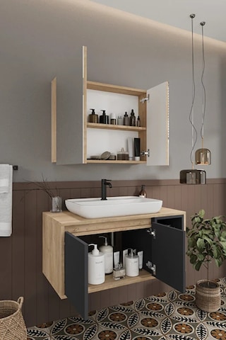 Lale 90 Cm %100 Mdf Lavabolu Banyo Dolabı + Aynalı Dolap Antrasit