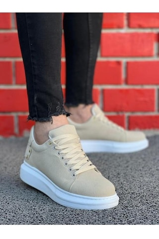 Erkek Süet Spor Günlük Ayakkabı Yüksek Kalın Taban Bağcıklı Sneaker Bej