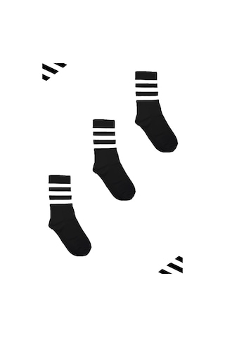 Kardeşler Çorap Unisex Renkli Beyaz 3 Çizgili Siyah Soket Tenis Çorap Kolej 3'lü Paket Siyah - 576169766 Siyah