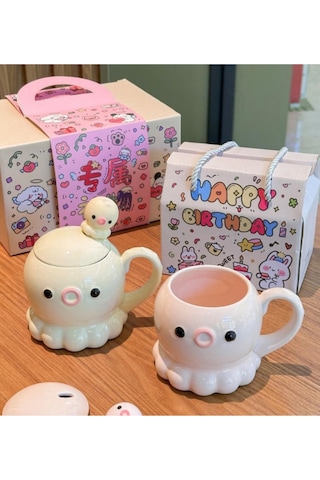 Ahtapot Temalı Kaşıklı Kapaklı Seramik Kupa Sarı