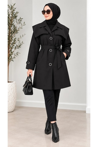 Nevayla Moda Kuşaklı Düğmeli Mevsimlik Trençkot - Siyah / M0118