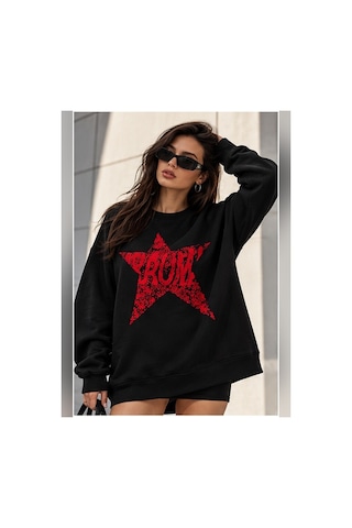 Velora Grup Unisex Yıldız Desenli Oversize Bisiklet Yaka Triko Kazak Siyah - 938180151 Siyah