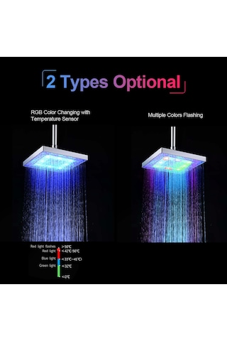 Hangfox 8 İnç Kare Led Duş Başlığı, Su Akışı İle Çalışır, Renkli Işık Ve Sıcaklık Tespiti Özelliği Rgb Gümüş