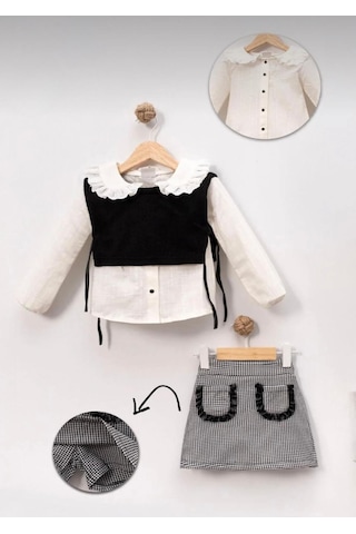 Kazağı Desenli Şort Etekli Cekenli 3 Lü Kız Çocuk Takım - Siyahbeyaz Siyah - Beyaz