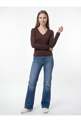Slim Crop Fit Kadın Tshirt U.kol Kahverengi