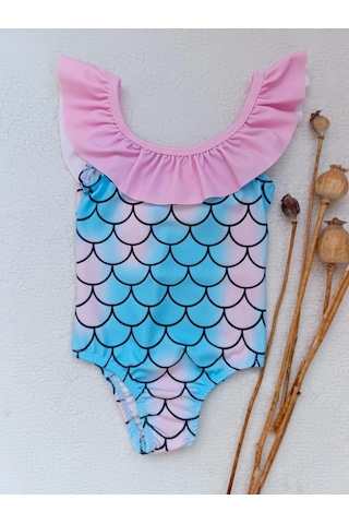 Bilge Trend Kız Çocuk Fırfır Detaylı Deniz Kızı Desenli Mayo Mavi - Pembe